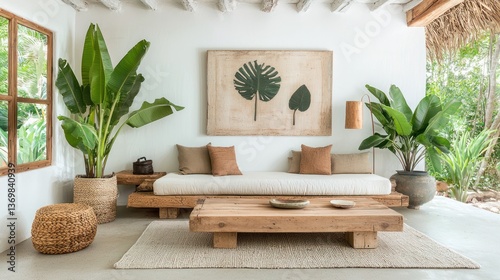 Serene living space with wooden furniture, neutral tones, and lush greenery