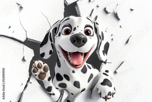 A cute exited black and white spotted Dalmatian puppy, breaking through white wall with a hole
