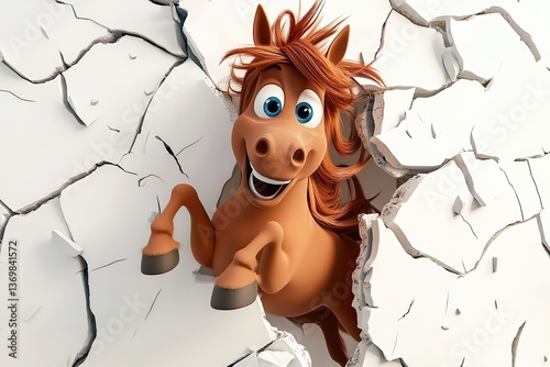 A cute brown horse breaking through white wall with a hole