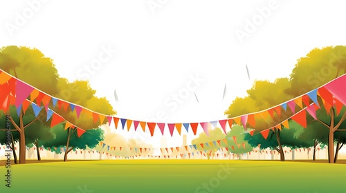 Festive bunting decorates a park with trees in the background