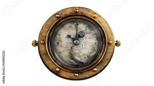 Antique Ship's Clock: A close-up of a vintage clock set in a brass porthole frame, its weathered face and intricate details tell tales of time, adventure, and maritime history. 