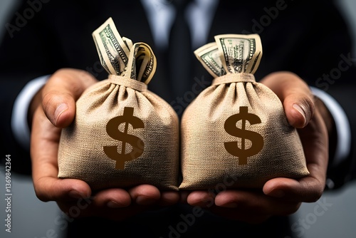 A businessman in a suit holding two burlap money bags with dollar signs, each bag stuffed with rolled-up hundred-dollar bills, symbolizing wealth, investment, and financial success.