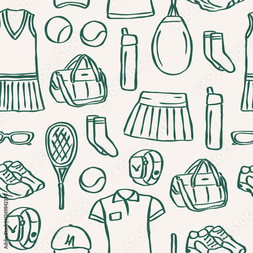 Hand drawn sketch tennis seamless pattern
