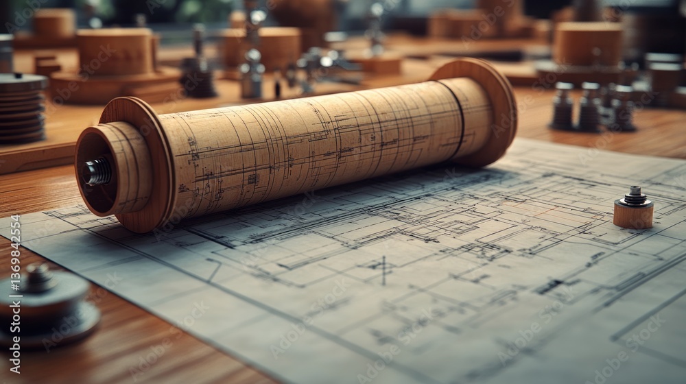 Architectural Blueprint Drawings on Wooden Table Architectural Blueprint Drawings on Wooden Table
