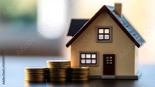 A miniature house model with a dark roof and white walls is placed next to stacks of gold coins, symbolizing the concept of real estate investment and home financing in a modern financial context.