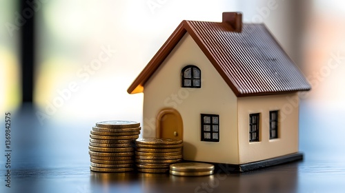 A miniature house model with a brown roof and windows placed next to stacks of gold coins on a dark surface, symbolizing the concept of real estate investment and home ownership costs.