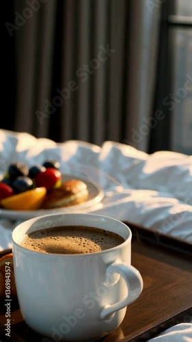 Morning sunlight on cozy breakfast in bed with steaming coffee and fresh fruit