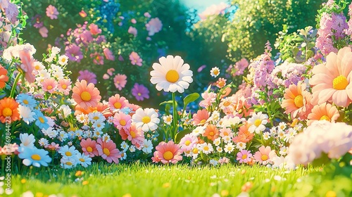 Vibrant Spring Garden Scene with Blooming Daisies and Colorful Flowers