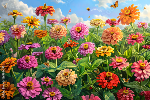 Colorful Zinnia Garden in Full Bloom with Butterflies and Bees on a Sunny Day