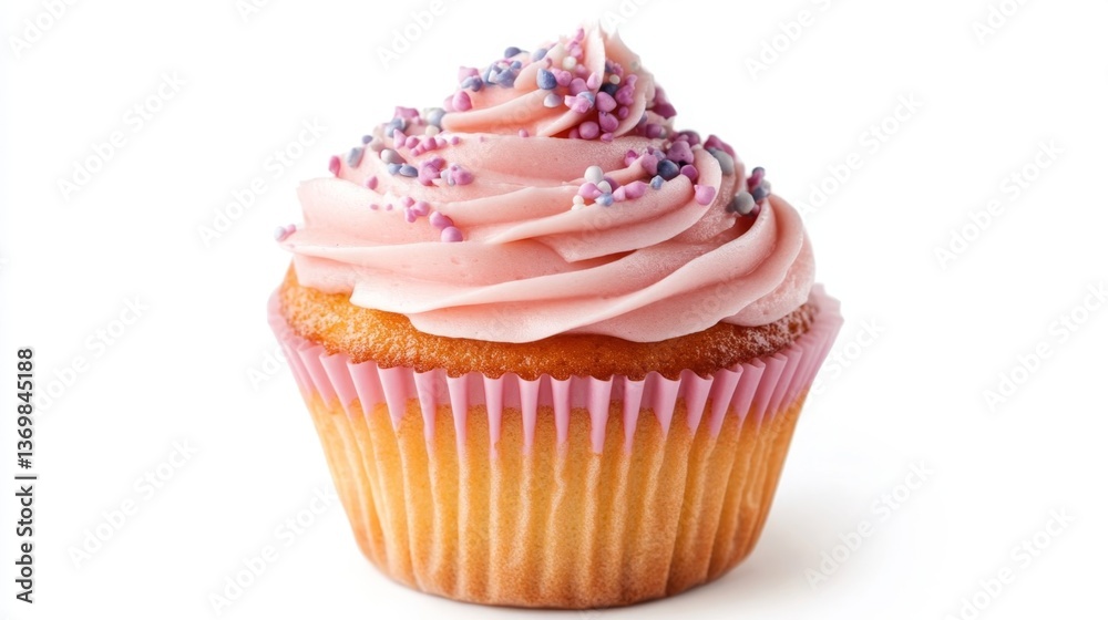 Delicious cupcake with pink frosting and sprinkles on white background. Delicious cupcake with pink frosting and sprinkles on white background.