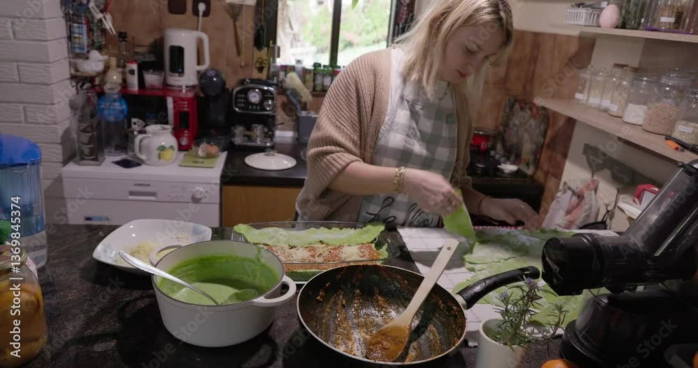 Preparation of lasagne from green (pasta) with bear garlic 