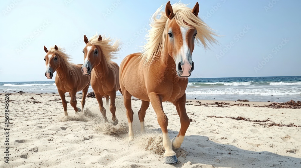 Obraz premium Three Beautiful Chestnut Horses Galloping Freely on a Sandy Beach near Ocean Waves