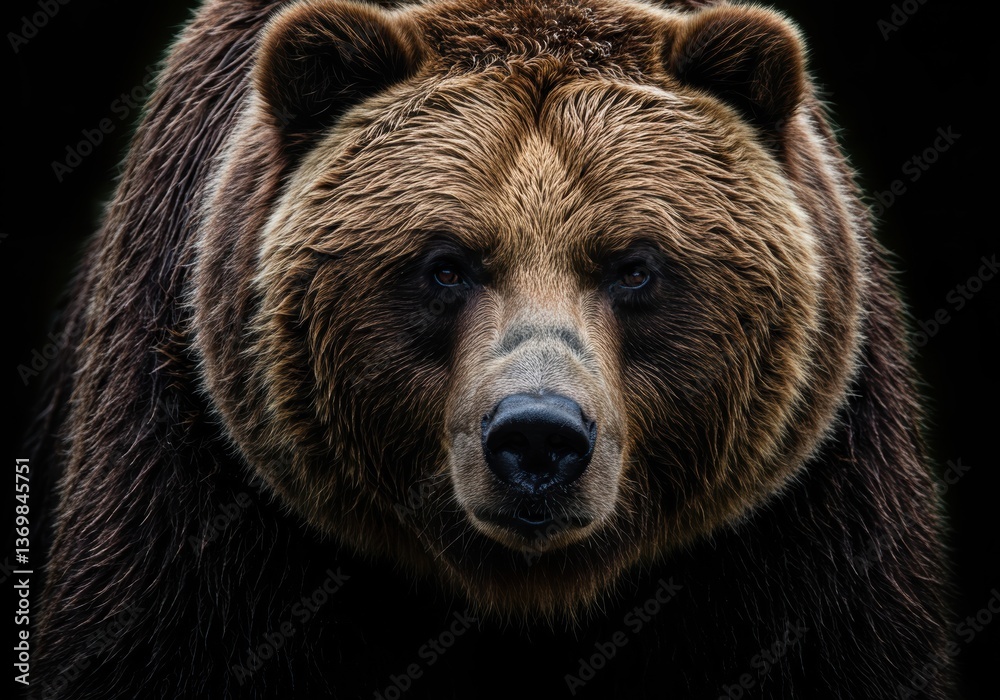 A powerful brown bear stares intensely, its dark eyes focused with a background of deep black. A powerful brown bear stares intensely, its dark eyes focused with a background of deep black.