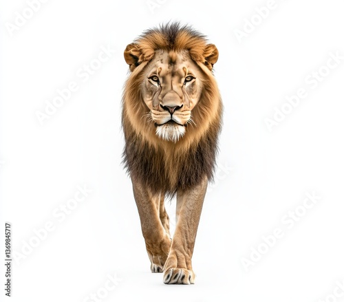A striking photo of a lion on a white background