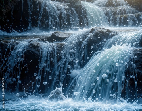 a small waterfall flowing over dark stones. Clear bluish water forms foam at the bottom, creating an atmosphere of freshness and natural beauty.