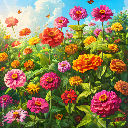 Colorful Zinnia Garden in Full Bloom with Butterflies and Bees on a Sunny Day
