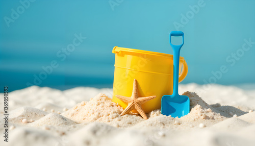 A high-quality still life of beach toys and a starfish on soft sand