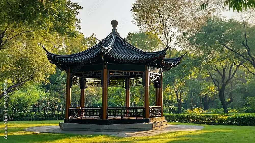 Serene traditional gazebo surrounded by lush greenery in a tranquil park setting at dawn