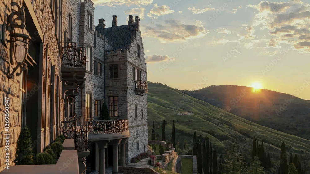 Fototapeta premium Majestic Stone Castle at Sunset Overlooking Rolling Hills Scenic View