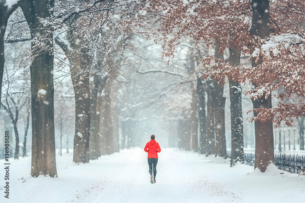 Man running in snowy park on winter day for fitness, health and wellbeing in nature Man running in snowy park on winter day for fitness, health and wellbeing in nature