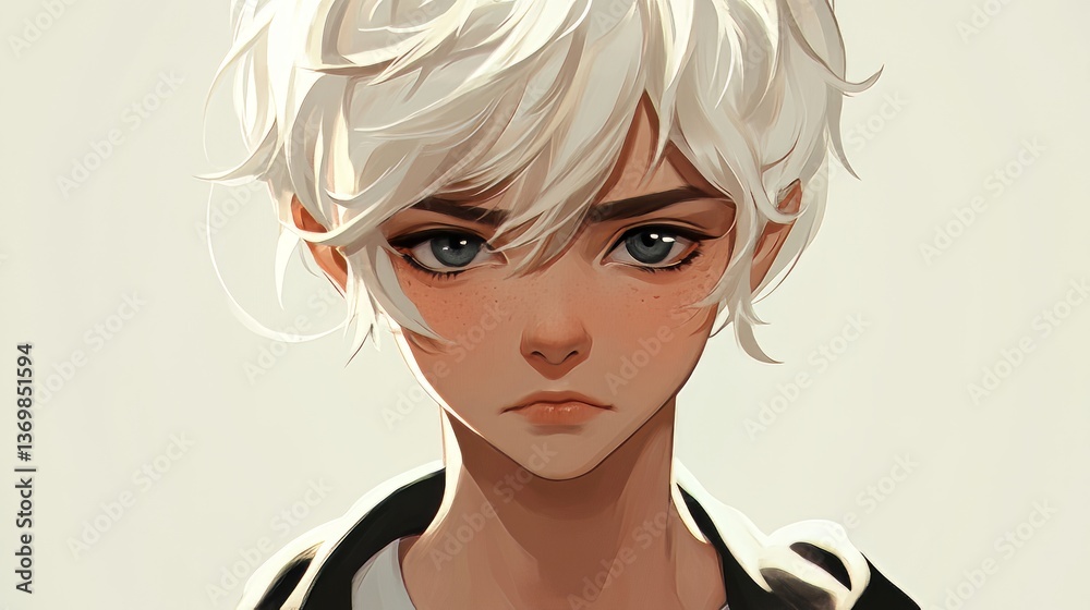 Charming Anime-Style Portrait Of A Young Girl With Captivating Blue Eyes And Unique Freckles. Charming Anime-Style Portrait Of A Young Girl With Captivating Blue Eyes And Unique Freckles.