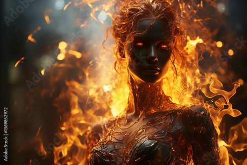 Athletic woman figure surrounded by fire, concept of strength, energy