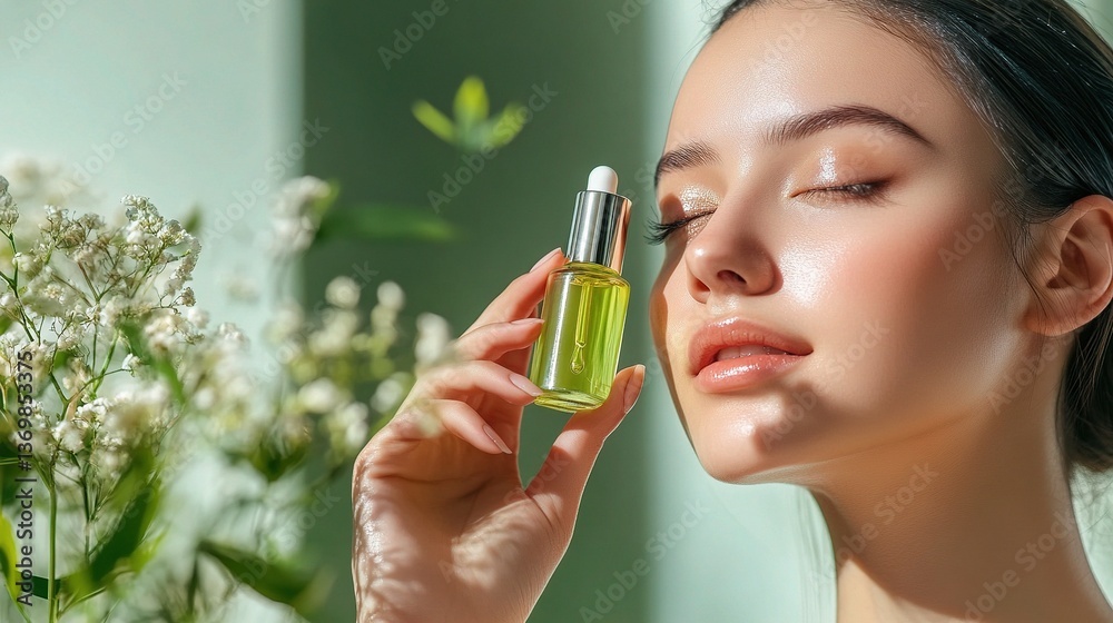 Fototapeta premium Woman Applying Green Tea Extract Serum with Natural Background