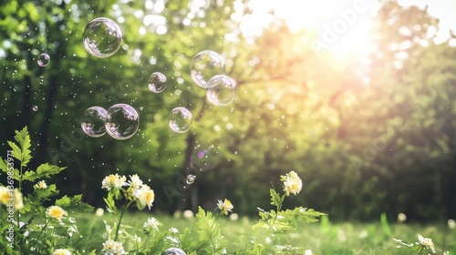 Sparkling Bubbles Float in a Sunny Summer Meadow with Blooming Flowers A magical scene of nature's beauty