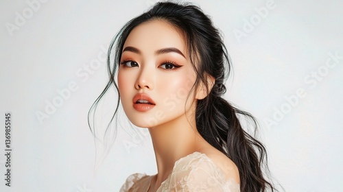 Elegant Asian Woman with Full Makeup Posing Gracefully in Studio