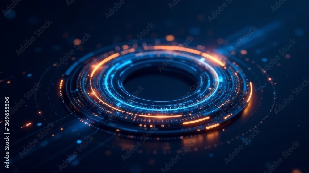 Obraz premium Futuristic blue and orange digital interface ring on dark background.
