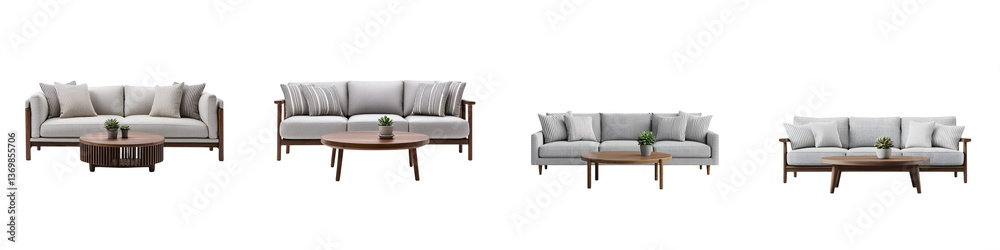 Fototapeta premium A collection of contemporary minimalist living room furniture including sofas couches and accent tables in a clean neutral color palette