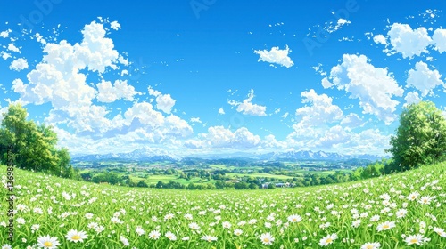 Serene Summer Day Rolling Hills of Daisies under a Blue Sky with Fluffy Clouds
