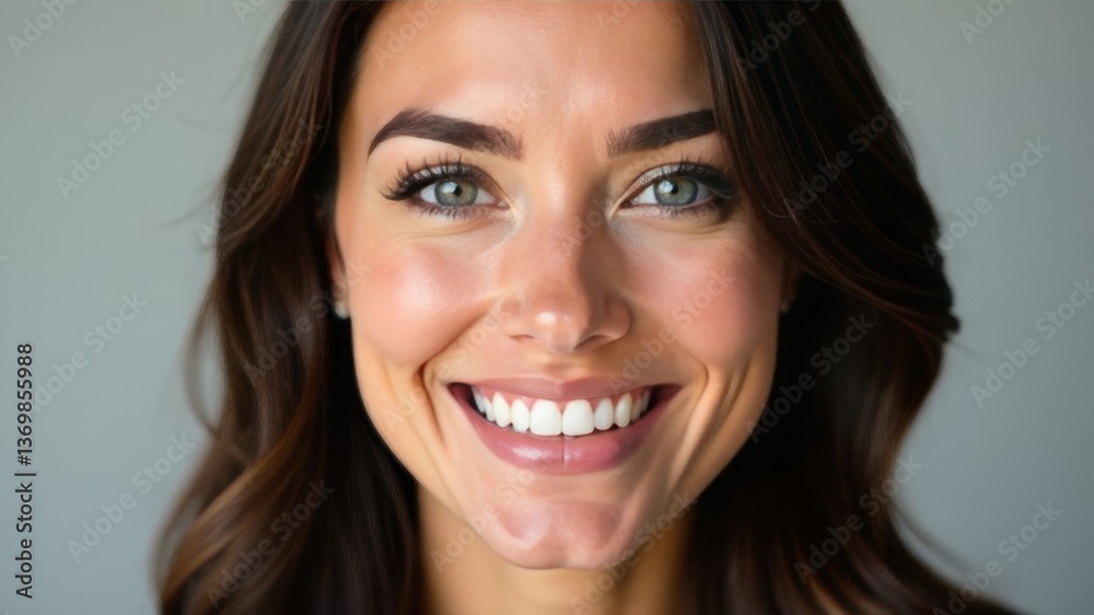 Close-up of smiling woman with green eyes and wavy hair on soft background. Close-up of smiling woman with green eyes and wavy hair on soft background.