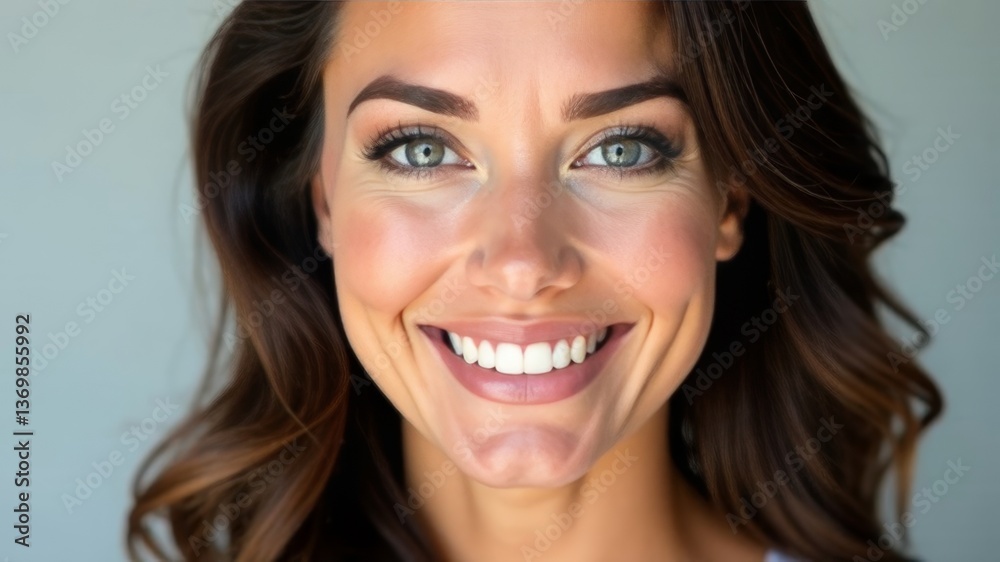 Close-up of smiling woman with green eyes and wavy hair on soft background. Close-up of smiling woman with green eyes and wavy hair on soft background.
