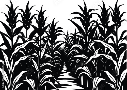 Maize field silhouette. Corn farm black vector illustration. Cultivation of crops.