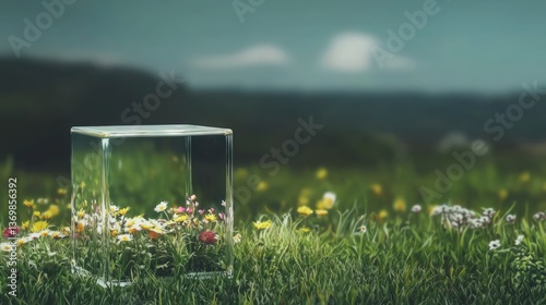 Glass Cube Encasing Wildflowers in a Lush Green Meadow A Tranquil Nature Scene