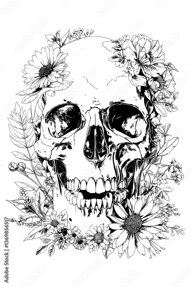 Fototapeta premium Vector illustration for coloring page. A skull with flowers surrounding it