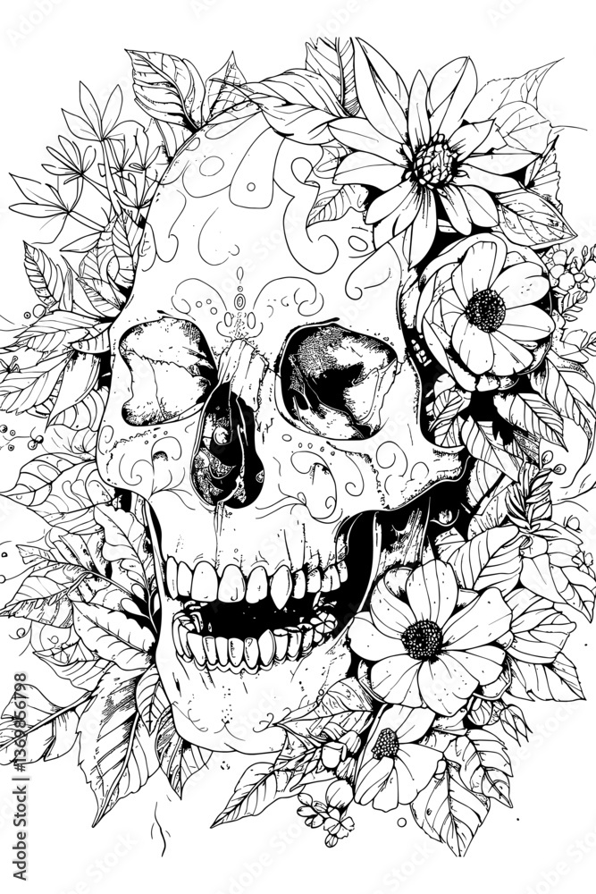 Fototapeta premium Vector illustration for coloring page. A skull with flowers surrounding it