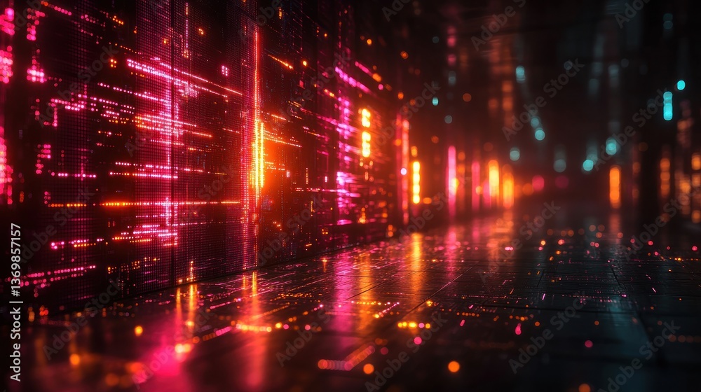 Obraz premium Neon Cyberpunk Digital Cityscape: A Futuristic Digital Corridor