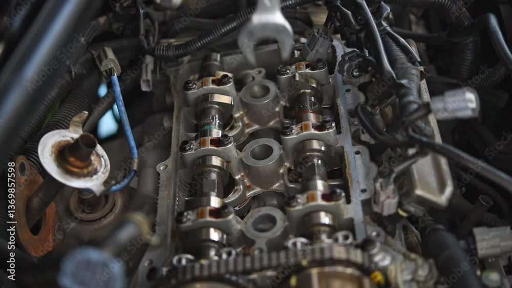 Car mechanic or serviceman checking a car engine (Valve Adjustment) for fix and repair problem at car garage or repair shop Car mechanic or serviceman checking a car engine (Valve Adjustment) for fix and repair problem at car garage or repair shop
