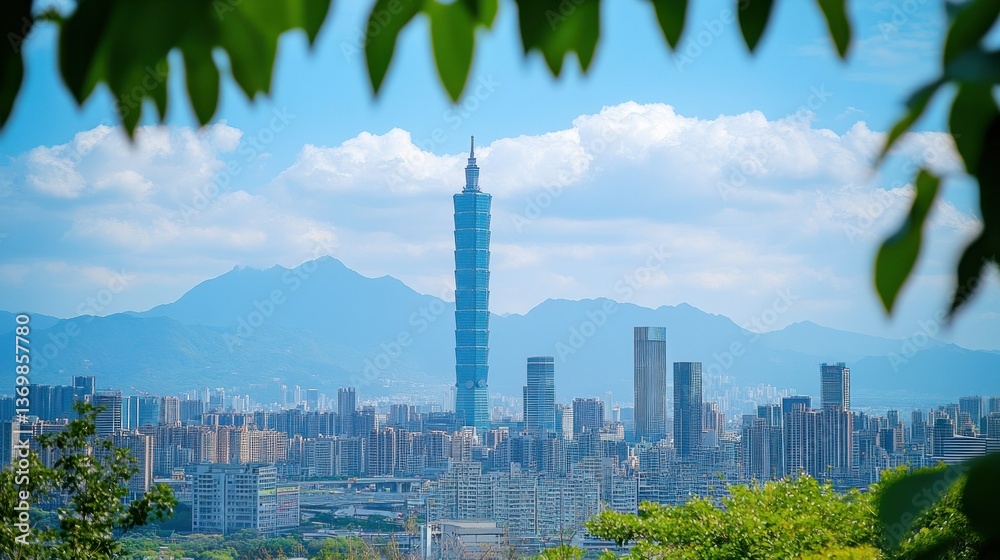 Fototapeta premium A distant view of skyscrapers framed by mountains in the background.