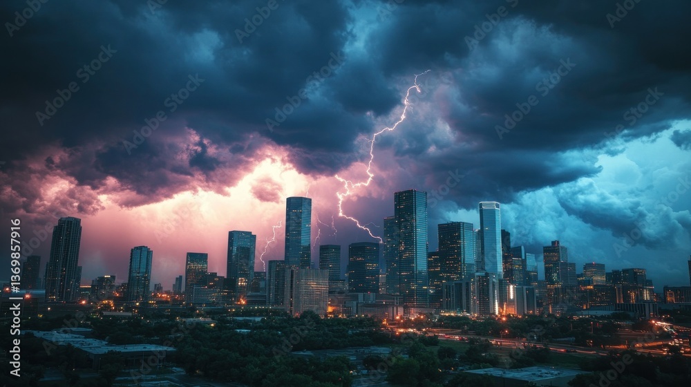 Fototapeta premium A dramatic thunderstorm over a city skyline with skyscrapers.