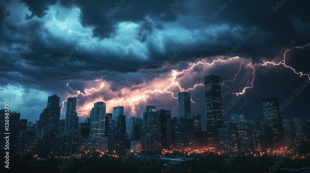 Obraz premium A dramatic thunderstorm over a city skyline with skyscrapers.
