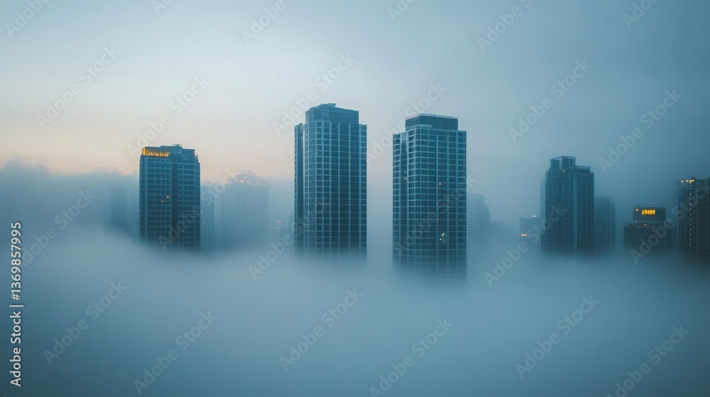 Fototapeta premium A foggy morning with skyscrapers partially hidden in mist.