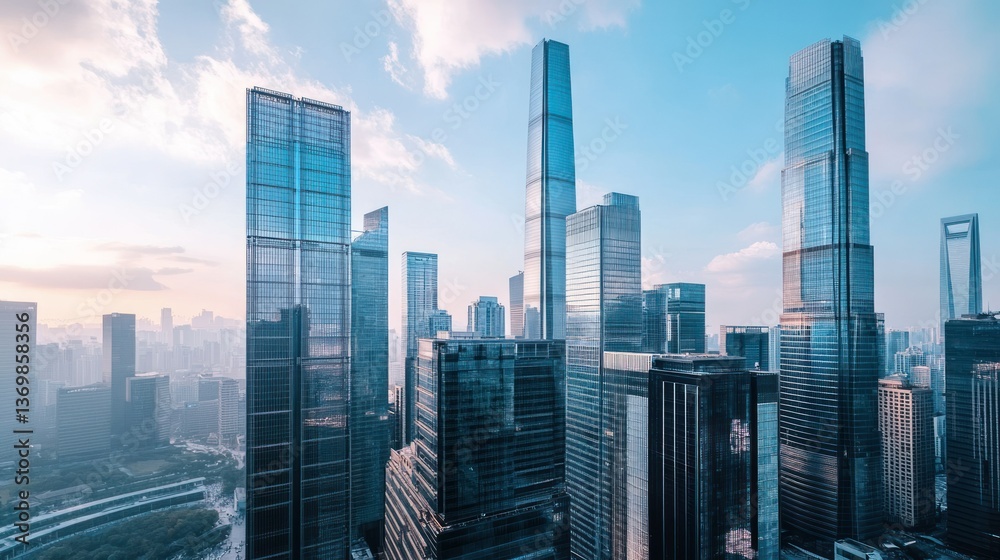 Fototapeta premium A modern city skyline with skyscrapers made of glass and steel.