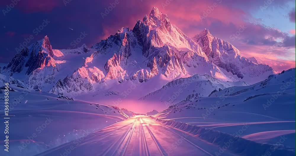 A serene mountain scene painted in pastels, where the first light of ...