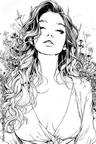 Woman with long hair and a flower crown on her head. She has a very serious expression on her face. vector