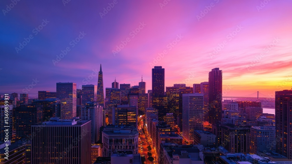 Obraz premium A panoramic view of a city skyline at dusk with vibrant colors.