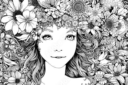 Woman with long hair and a flower crown on her head. She has a very serious expression on her face. vector