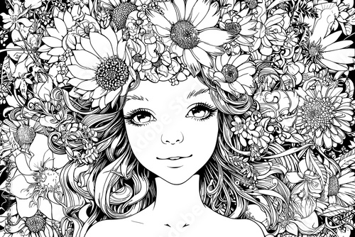 Woman with long hair and a flower crown on her head. She has a very serious expression on her face. vector